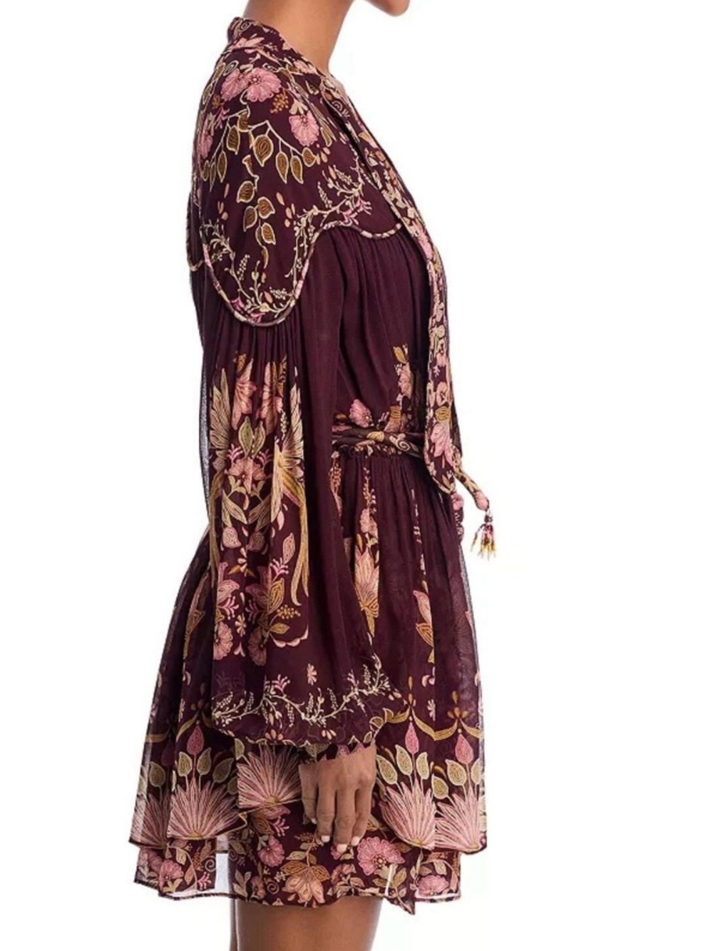 Farm Rio Floral Boho Tie-Waist Mini Dress in Plum - Picture 3 of 6